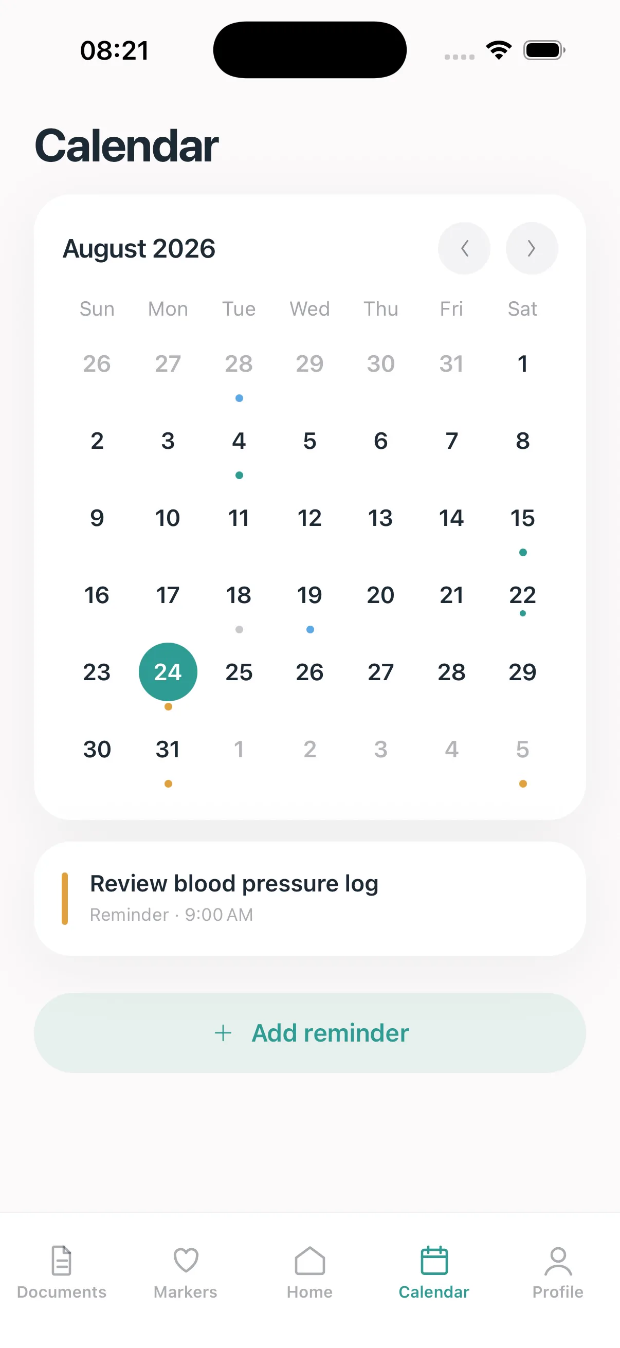 Health calendar and reminders in Anamoris