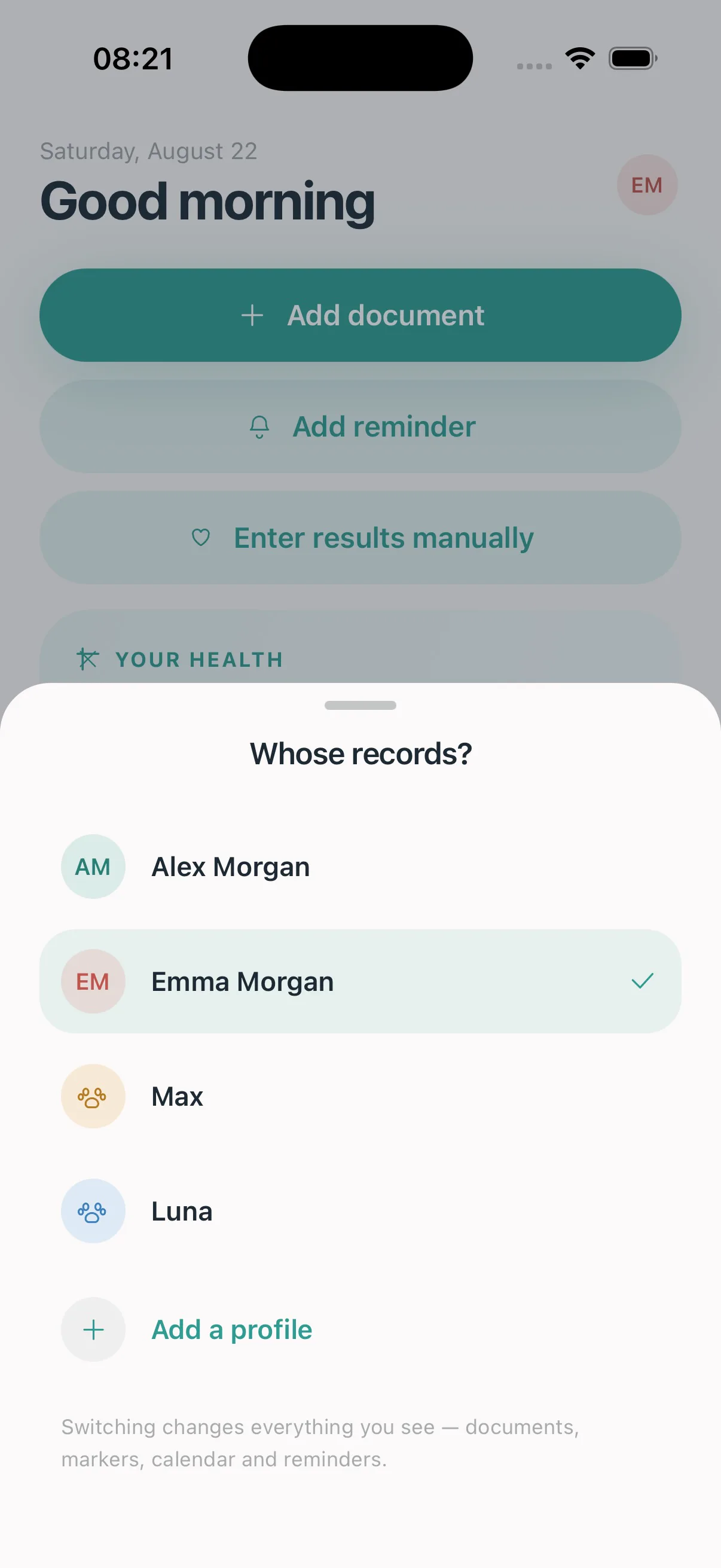 Family and pet profile switcher in Anamoris